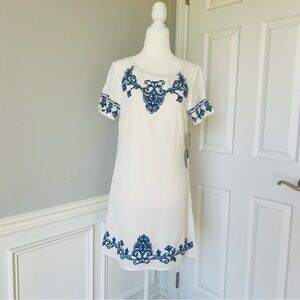 Lulus Tale to Tell Blue and Ivory Embroidered Shift Dress. Size XS